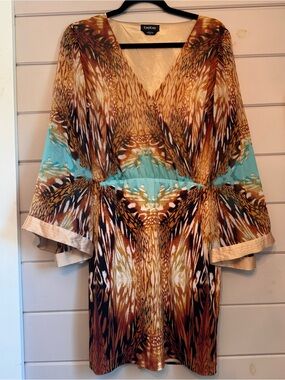 Bebe Women’s Kimono Inspired Animal Print Mini Dress, Brown & Turquoise